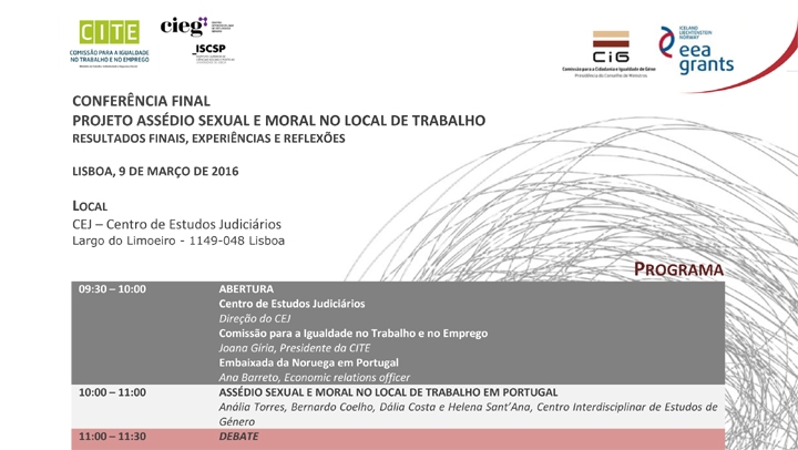 Conferência final do projeto EEA Grants Assédio Sexual e Moral no Local de Trabalho