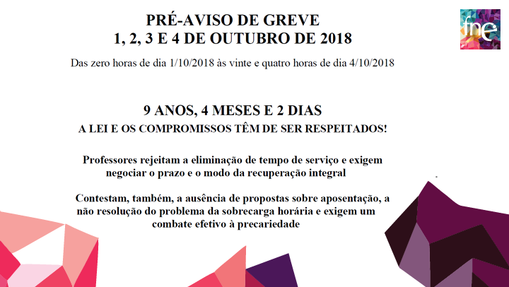 Pré-aviso de greve para os dias 1, 2, 3 e 4 de outubro de 2018